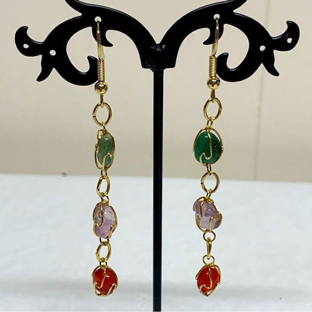 Vintage Natural Stones Drop Dangle Earrings 3” Carnelian Amethyst Jade